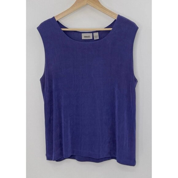 Chico’s Travelers Blue Slinky Acetate Sleeveless Blouse‎ Size 3 Made In USA - Picture 1 of 7